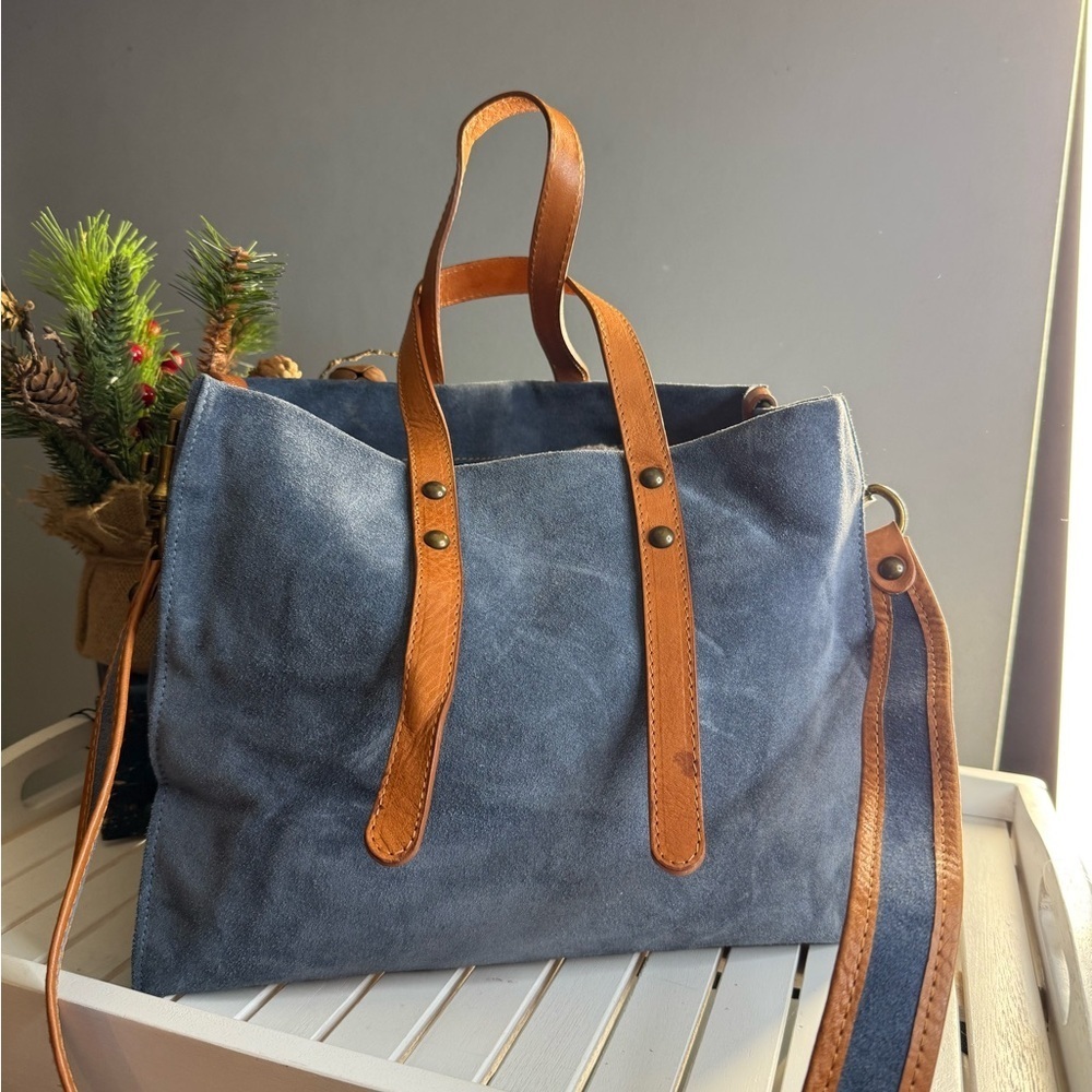 Sundance Blue Suede and Tan Leather Tote Italy NWOT Rare
